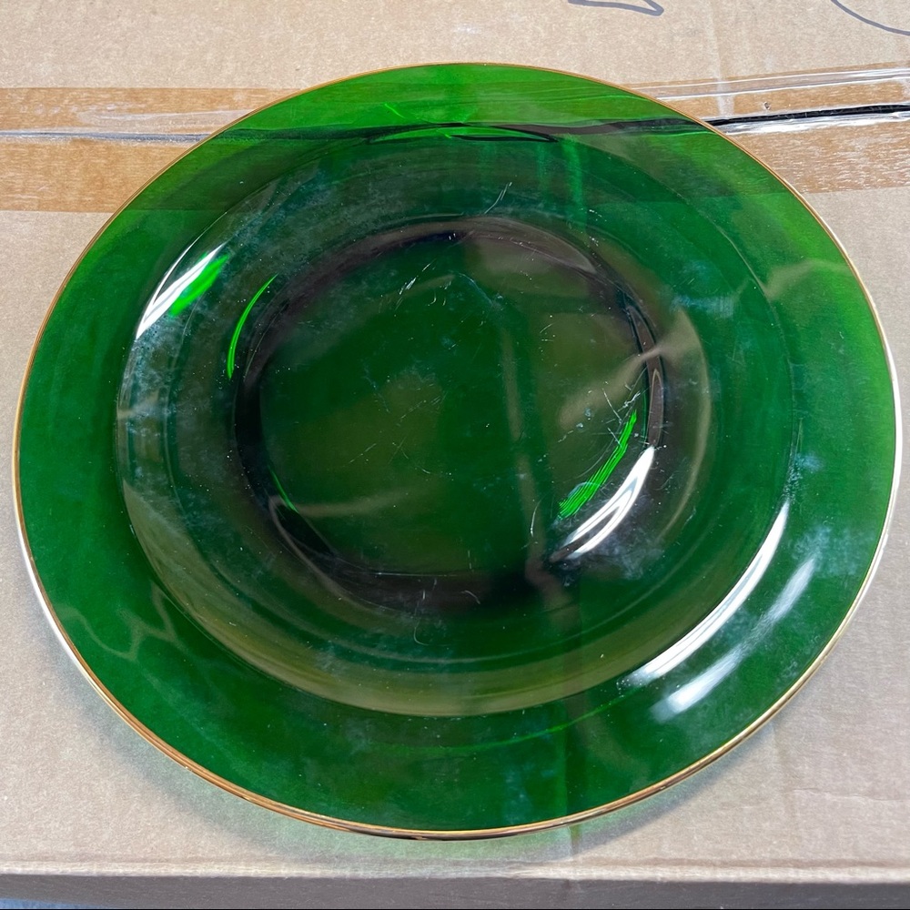 12” Emerald Green Glass Platter w/gold trim
